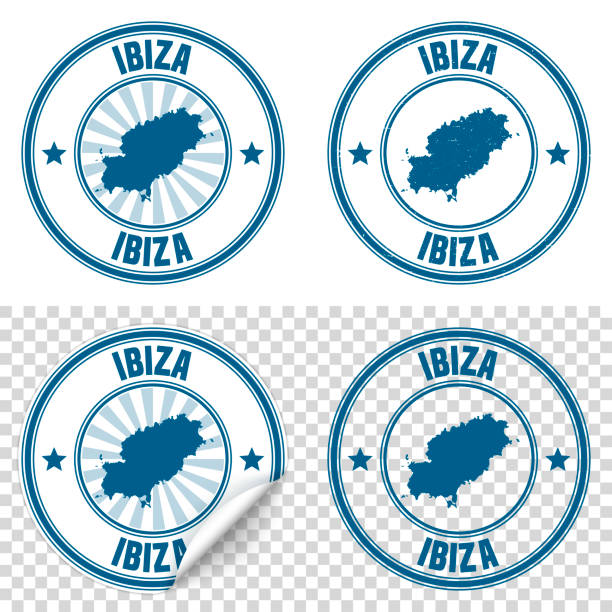ibiza - blauen aufkleber und stempel mit namen und karte - ibiza stock-grafiken, -clipart, -cartoons und -symbole