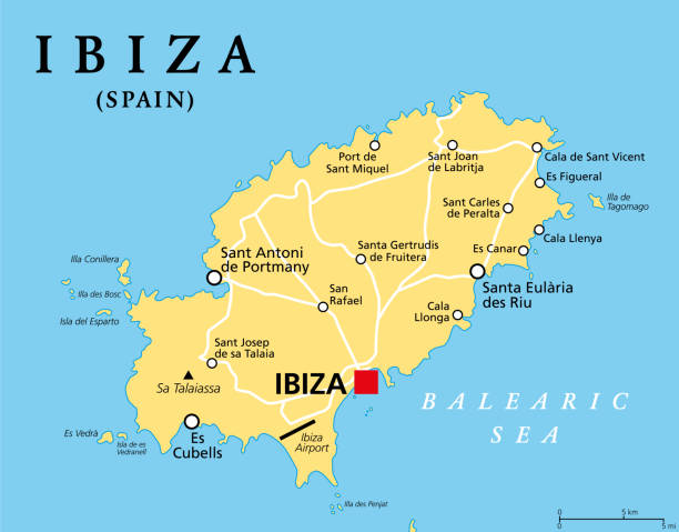 ibiza, politische karte, teil der balearen, spanien - ibiza stock-grafiken, -clipart, -cartoons und -symbole