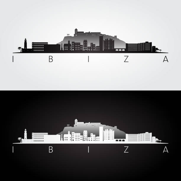illustrazioni stock, clip art, cartoni animati e icone di tendenza di ibiza skyline e punti di riferimento silhouette, design in bianco e nero, illustrazione vettoriale. - ibiza