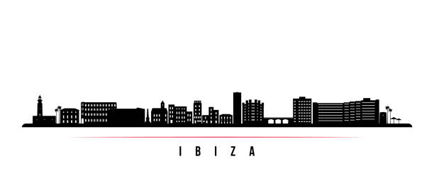 ibiza skyline horizontales banner. schwarz-weiße silhouette von ibiza, spanien. vektorvorlage für ihr design. - ibiza stock-grafiken, -clipart, -cartoons und -symbole