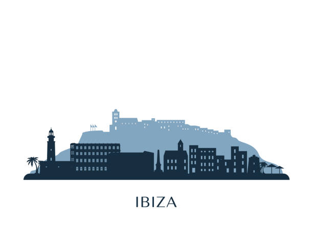 ibiza skyline, monochrome silhouette. vektor-illustration. - ibiza stock-grafiken, -clipart, -cartoons und -symbole