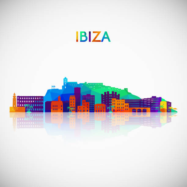 ibiza skyline silhouette in bunten geometrischen stil. symbol für ihr design. vektor-illustration. - ibiza stock-grafiken, -clipart, -cartoons und -symbole