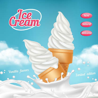 Ice cream ads. Natural frozen ice cream dessert with fruits vector realistic picture template for advertizing placard