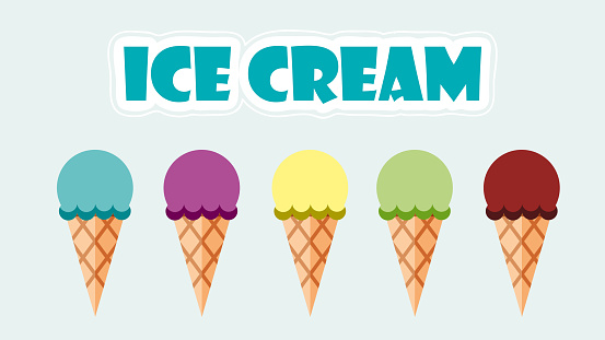 Ice cream balls on cone shaped waffle. Poster for presentation. Vector illustration