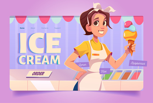 Ice cream banner with girl seller in cafe