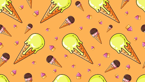 Ice cream cones vector seamless pattern vector illustration For the graphic design of textiles, fabric, wallpaper, wrapping paper, scrapbooking, textile, kids fashion, stationary, etc EPS 10