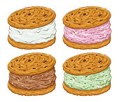 Various flavor of ice cream cookie sandwich with chocolate chips, hand drawing vector illustration