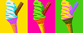 Posterised or Pop Art styled Ice cream cornets. Holiday, vacation,  seaside, chocolate, chocolate flake,