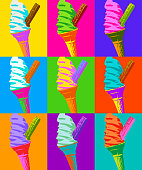 Posterised or Pop Art styled Ice cream cornets. Holiday, vacation,  seaside, chocolate, chocolate flake,