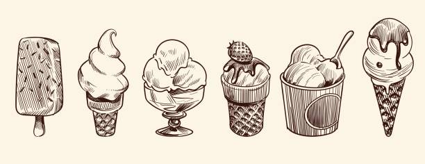 Ice cream dessert. Hand drawn black engraved vintage sweet delicious in bowl for restaurant isolated sketch vector set Ice cream dessert. Hand drawn black engraved vintage sweet delicious in bowl for restaurant isolated sketch vector vanilla drawing sundae icecream set bowl of ice cream stock illustrations