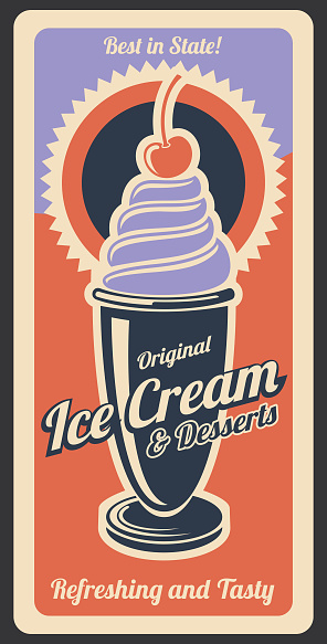 Ice cream dessert, retro vector poster