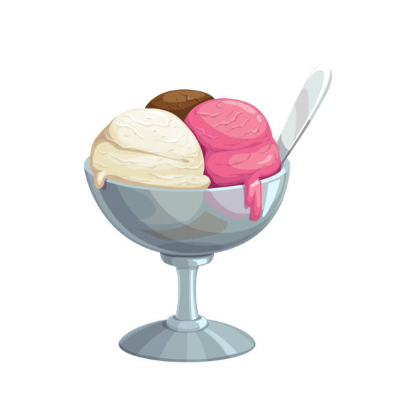Ice cream, fast food dessert sweets, menu icon Ice cream, fast food dessert sweets, vector menu isolated icon. Ice cream chocolate, vanilla, and strawberry pink scoop in bowl cup, fastfood cafeteria or gelateria dessert sundae or sorbet icecream bowl of ice cream stock illustrations