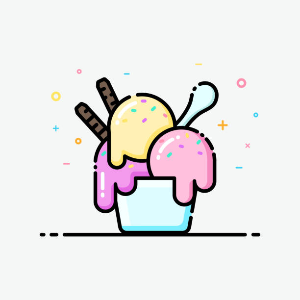 Ice cream icon in flat line style. Ice cream icon in flat line style. Ice cream sundae cup pastel color for social media banner, summer poster and app icon design. ice cream sundae stock illustrations