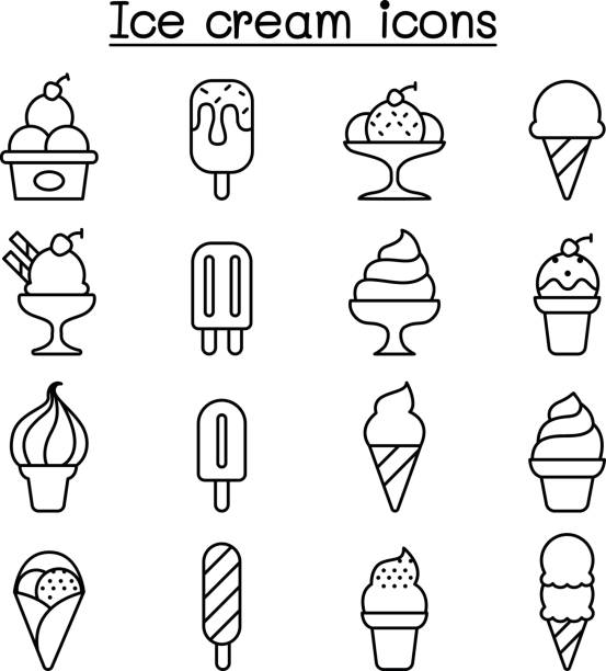 Ice cream icon set in thin line style Ice cream icon set in thin line style ice cream sundae stock illustrations