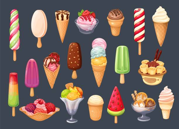Ice cream icons Ice cream icons of wafer cone balls with whipped cream, Thai ice cream roll with waffle, twisted fruit ice cream on stick, popsicle on stick in chocolate glaze and ets. Cartoon vector illustration. bowl of ice cream stock illustrations