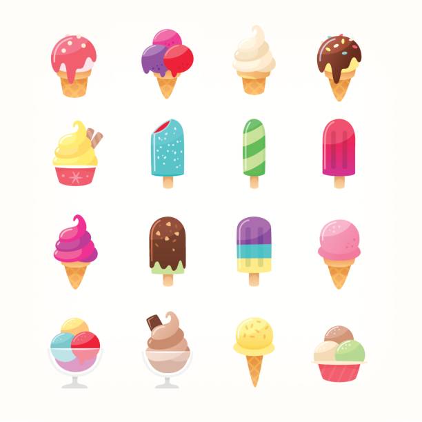 Ice cream icons Set of colorful delicious ice cream icons. Ice cones popsicles and ice cream in cups. Kids favourite dairy products ice cream sundae stock illustrations