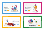 Ice Cream Landing Page Template Set. Sweet Dessert in Cup, Sundae Scoop Balls with Sprinkles, Chocolate Popsicle, Fruit Frozen Meal on Stick Waffle Cone Icecream Dessert. Cartoon Vector Illustration