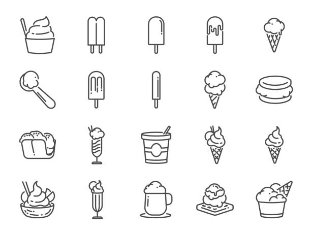 набор значков линии мороженого. включены иконки, как сладкий, прохладный, замороженный, мягкий крем, вкус, молочные и многое другое. - ice cream stock illustrations