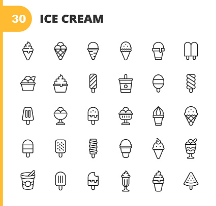 30 Ice Cream Outline Icons. Ice Cream, Ice Cream Cone, Frozen Food, Cold Temperature, Summer, Vanilla Ice Cream, Chocolate, Cup, Snack, Dessert, Fruit, Dairy Product, Food and Drink, Sweet Food, Take Out Food, Cafe, Cherry, Milk, Waffle, Watermelon, Sorbet, Drinking Glass, Vacation, Restaurant.