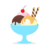 melted ice cream on a bowl with a wafer roll and cherry flat design isolated white background