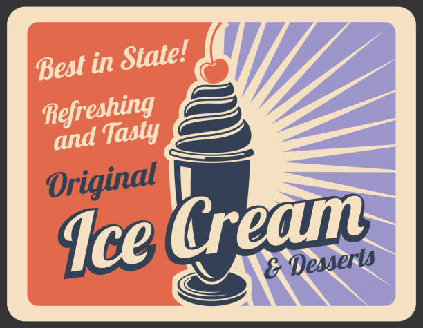 Ice cream retro banner with sweet cold dessert Ice cream dessert retro poster of sweet food for cafe or shop menu card. Sundae with vanilla swirl and cherry on top vintage banner for cold dairy treat and summer dessert snack advertising design ice cream sundae stock illustrations