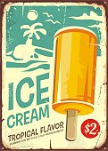 Ice cream retro poster design. Promotional sign ad with sweet tropical flavor ice cream and beach landscape in the background. Vector illustration.