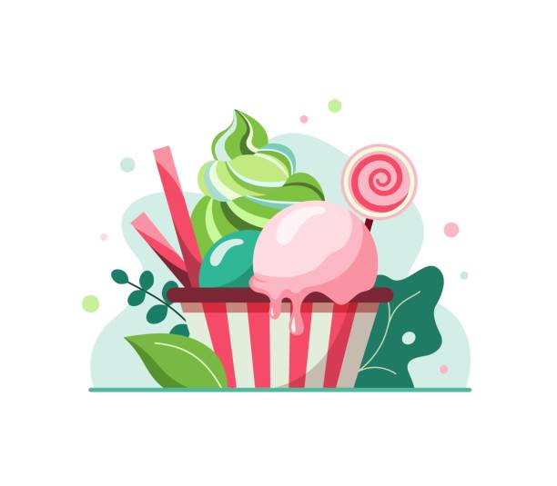 Ice cream scoops in paper bowl with waffle straws Scrumptious melting ice cream scoops of strawberry mint apple flavors with waffle straws and lollypop in striped paper cup. Vector illustration of summer dessert in flat style bowl of ice cream stock illustrations