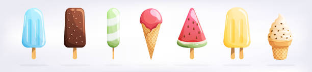 白い背景に分離されたアイスクリームセット。夏のカラフルな背景。おいしいかわいい食欲をそそる食品コレクション。シンプルでリアルなモダンデザイン。フラットスタイルのベクターイ� - アイスクリーム点のイラスト素材／クリップアート素材／マンガ素材／アイコン素材