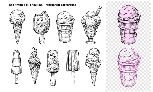 Ice cream set. Vector outline illustrations. Sketch