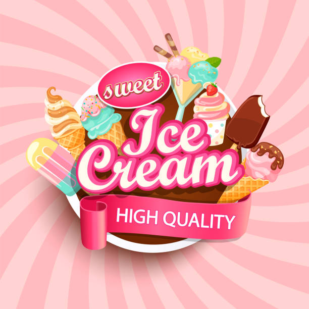 Ice cream shop label or emblem. Colorful Ice cream shop label or emblem in caartoon style for your design on suburst background. Vector illustration. ice cream stock illustrations