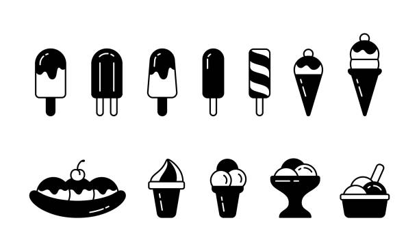 ilustrações, clipart, desenhos animados e ícones de sorvete. conjunto de ícones de silhueta - comida congelada