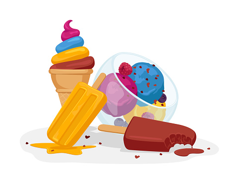 Ice Cream Various Types. Sweet Dessert Balls in Glass Cup, Sundae Scoop Balls with Sprinkles, Chocolate Popsicle, Fruit Frozen Meal on Stick, Waffle Cone Icecream Dessert. Cartoon Vector Illustration