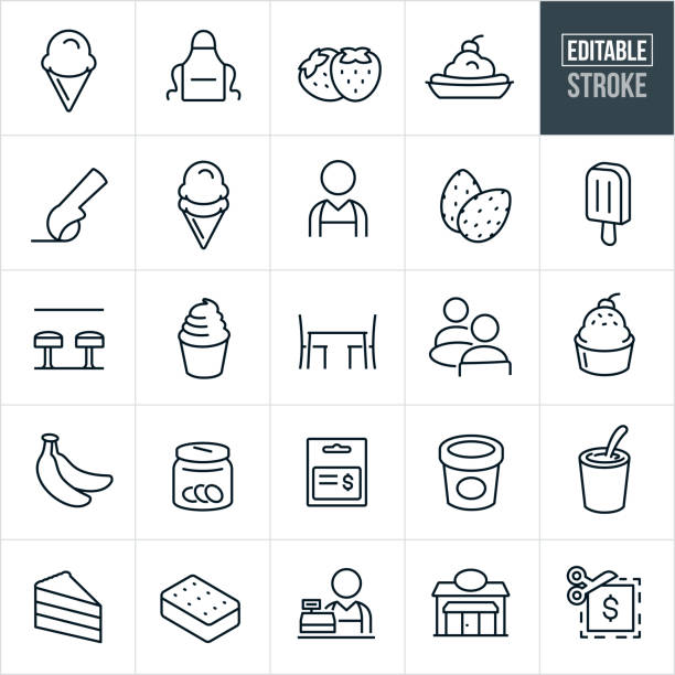 Ice Cream Thin Line Icons - Editable Stroke A set ice cream icons that include editable strokes or outlines using the EPS vector file. The icons include ice cream, ice cream cone, banana split, apron, strawberries, ice cream scoop, almonds, nuts, popsicle, worker, person, ice cream shop, soft serve ice cream, seating, seated, people, customers, bananas, tip, gift card, pint of ice cream, shake, cake, ice cream sandwich, cashier and coupon. ice cream sundae stock illustrations