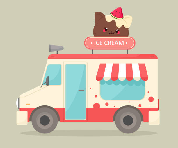 ilustraciones, imágenes clip art, dibujos animados e iconos de stock de camión de helados. ilustración vectorial en estilo plano de dibujos animados. venta de helado en la calle.  estilo de dibujos animados. - ice cream truck