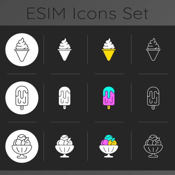Ice cream types dark theme icons set Ice cream types dark theme icons set. Cone-shaped frozen pastry. Fruit juice ice pop. Snack food. Mix from milk, sugar. Linear white, solid glyph and RGB color styles. Isolated vector illustrations sohbet net stock illustrations