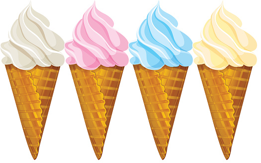 Ice cream waffle cone, four different colors