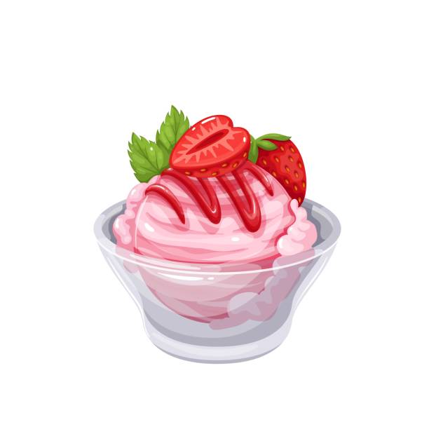 Ice cream with strawberries in glass bowl Ice cream with strawberries in glass bowl vector illustration bowl of ice cream stock illustrations