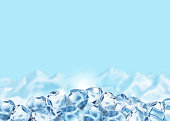 istock Ice cubes on blue background. Iced realistic frozen water and snowy mountans landscape poster f 1339635330