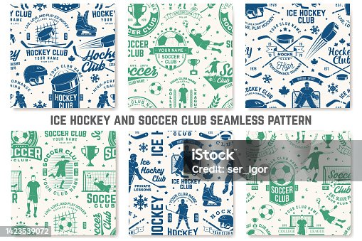 istock Ice Hockey and Soccer, football club seamless pattern. Vector. For football club background with ce hockey, soccer, football player, goalkeeper and gate silhouettes. Concept for soccer sport pattern background or wallpaper. 1423539072
