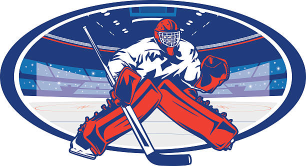 Ice Hockey Arena Goalie Illustration of a ice hockey goalie in arena background. All elements are separated in layers. Easy to edit. Black and white version (EPS10,JPEG) included. hockey goalie stick stock illustrations