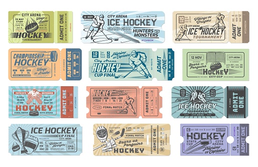 Ice hockey tournament admit one tickets set. Vector hockey player skating on rink with stick and puck, goalkeeper mask and goal, skates, match winners cup. Ice hockey championship game entrance pass