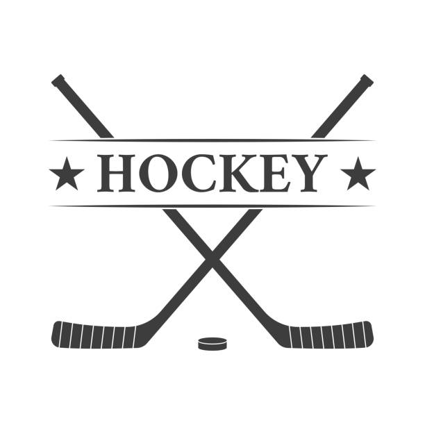 Ice hockey club logo or badge with crossed hockey sticks and a puck. Vector illustration. Ice hockey club logo or badge with crossed hockey sticks and a puck. Vector illustration. hockey stick stock illustrations
