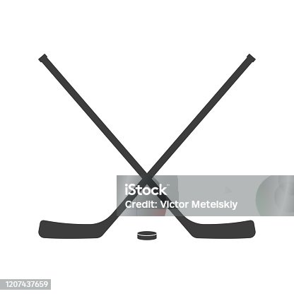 istock Ice hockey crossed sticks and puck icon Black silhouette isolated on white background. Sport equipment symbol. Vector illustration. 1207437659