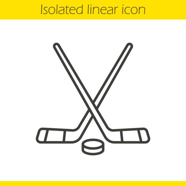 Ice hockey equipment icon Ice hockey equipment linear icon. Crossed hockey sticks and rubber puck. Thin line. Vector hockey stick stock illustrations