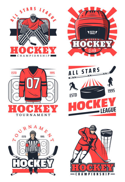 Ice hockey items and professional players icons Ice hockey sport game vector icons and symbols. Players in uniform on skates, pucks and sticks, protective masks and helmet. Professional league tournament championship elements hockey goalie stick stock illustrations