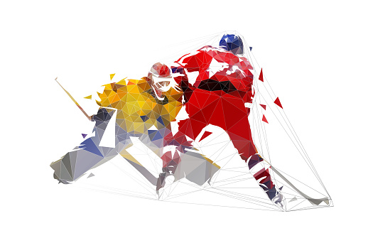 Ice hockey player shoots puck, goalie makes save. Polygonal vector illustration