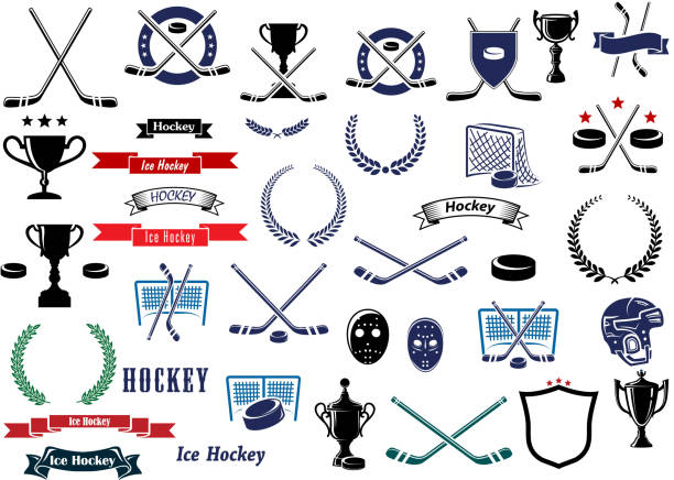 Ice hockey sport game icons and elements Ice hockey sport game icons, design elements and items with crossed sticks, pucks, gates, goalie masks and protective helmets, sport trophy, ribbon banners, stars and laurel wreaths hockey goalie stick stock illustrations