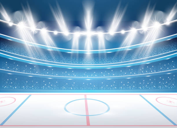 stockillustraties, clipart, cartoons en iconen met ice hockey stadium met schijnwerpers. - wintersport