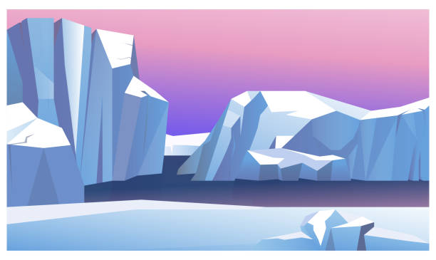 Ice mountain in water vector illustration Ice mountain in water vector illustration. Northern lights behind icebergs. North pole illustration arctic stock illustrations