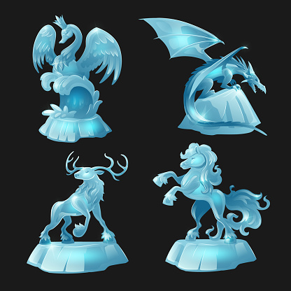 Ice sculptures of horse, dragon, swan and deer isolated on black background. Vector cartoon set of animal statues from snow, frozen water, blue crystal or glass. Winter decoration, icy figurines